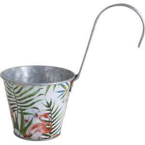 Metalltopf Flamingo mit Aufhänger, 21 cm, Gartendeko für Balkon und Garten.