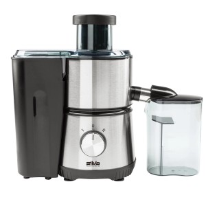 Silva-Homeline Entsafter AE 2340 aus Edelstahl und Schwarz mit Tresterbehälter und Saftbehälter.
