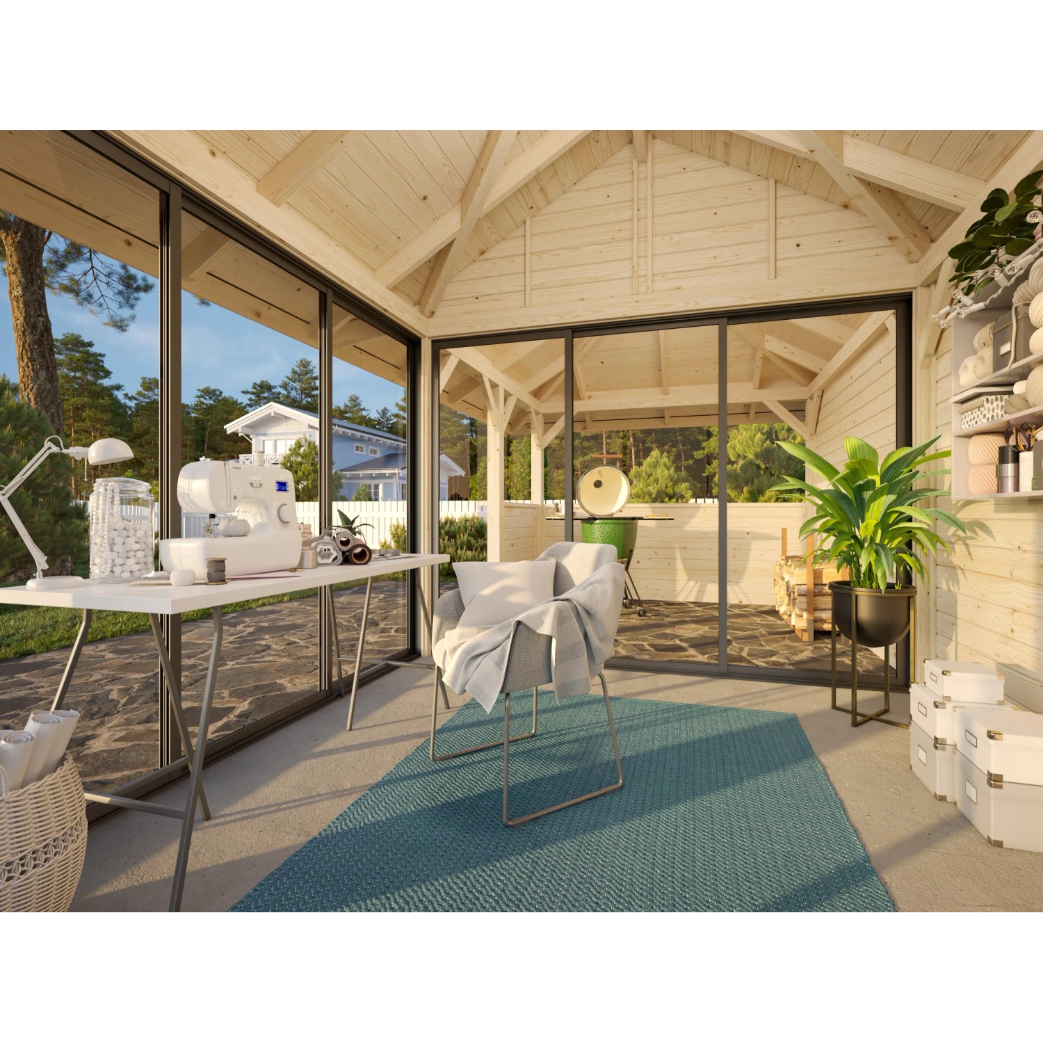 Palmako Pavillon Bianca Set 208, lackiert weiß, mit Schiebetüren und Eck-Tresenanlage. Weekendhaus aus Fichtenholz.