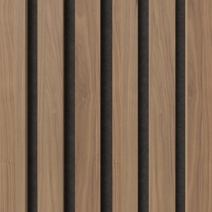 Akustikpaneel Wandverkleidung Walnuss Natur auf schwarzem Filz, Detailansicht.