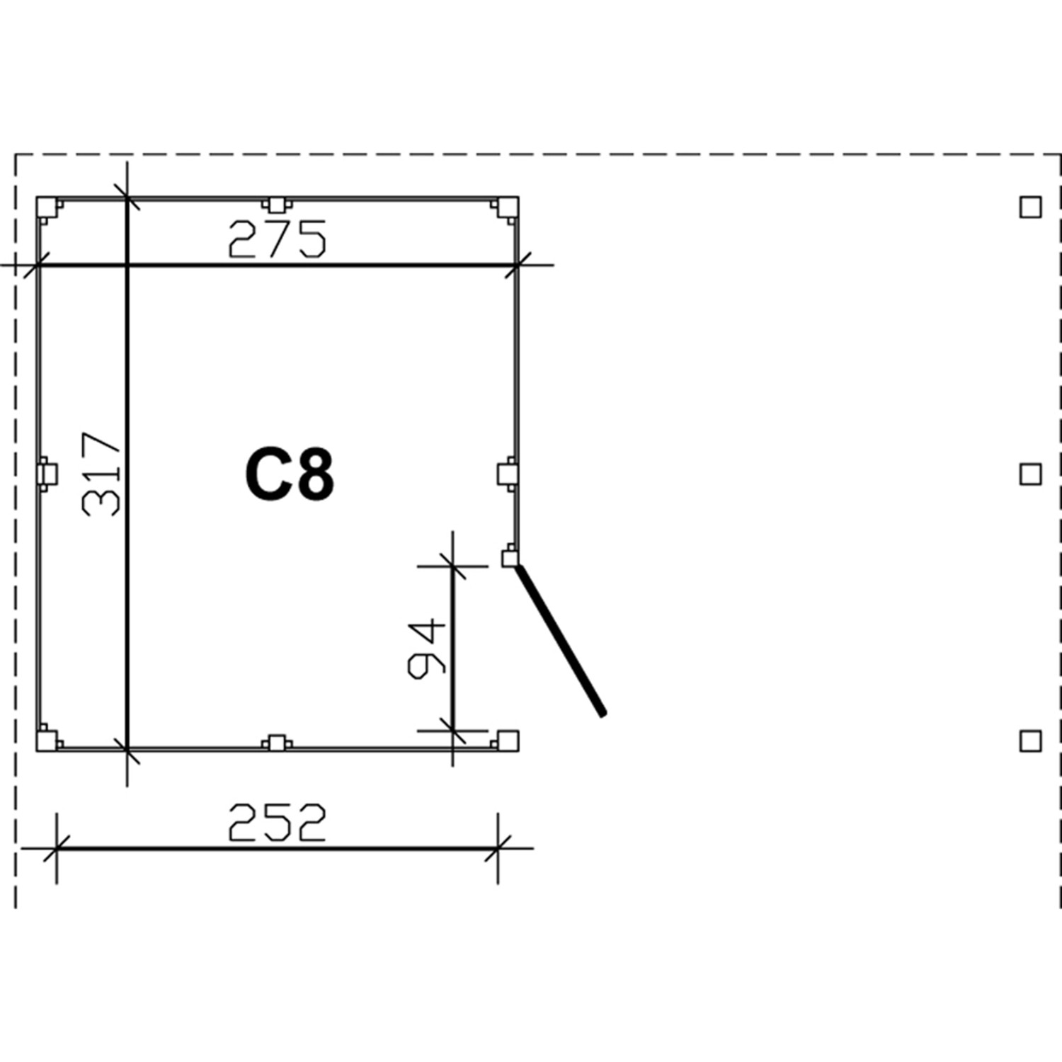 Technische Zeichnung: Skan Holz Abstellraum C8, 275x317 cm, für Carport, mit Maßangaben.