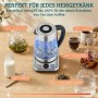 HOMCOM Wasserkocher aus Glas/Edelstahl mit blauer Beleuchtung, zeigt Zubereitung von Tee, Kaffee und Milch bei 60-100°C.