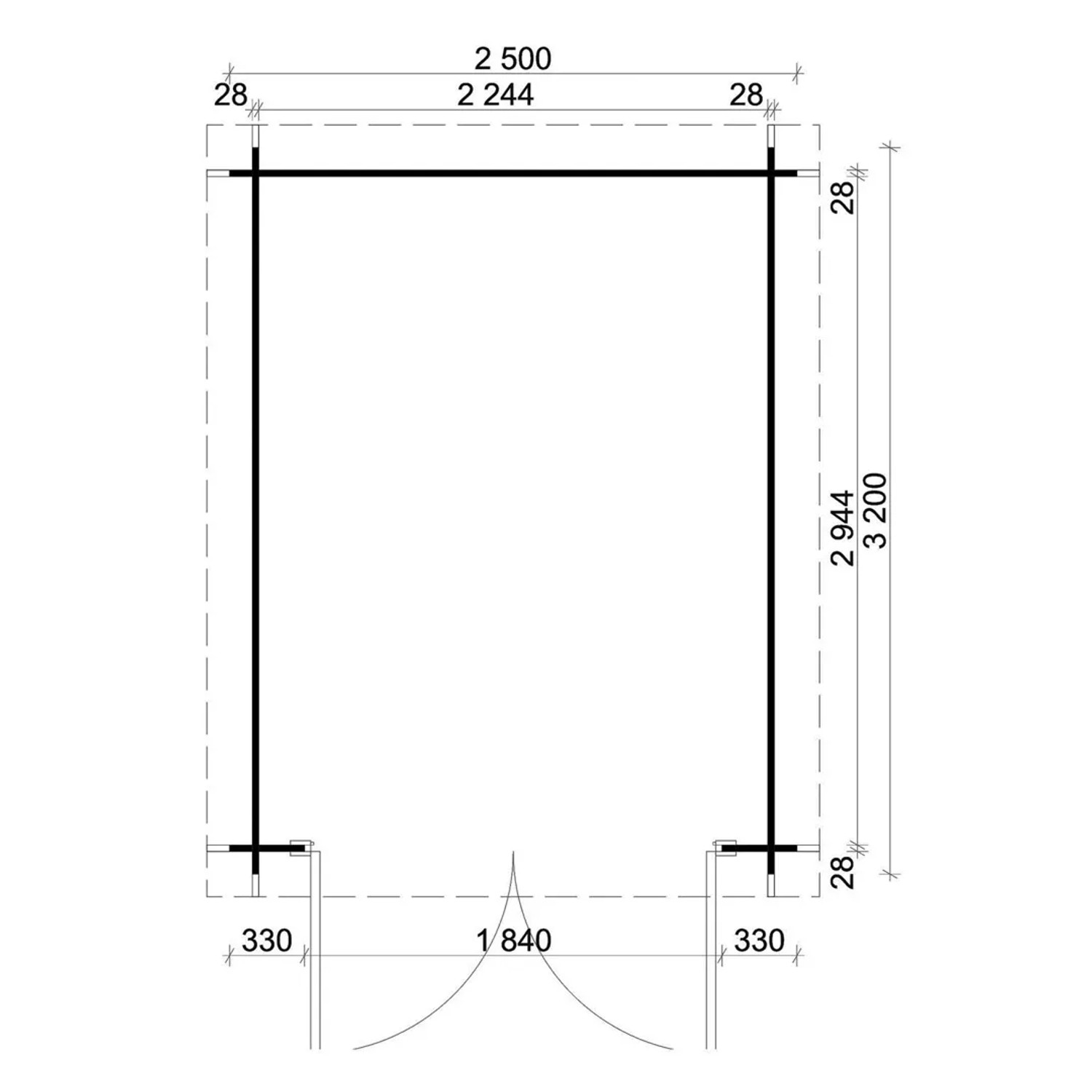 Grundriss Gartenhaus Alpholz Bremen-28 B, Satteldach, Maße: 270x340 cm.