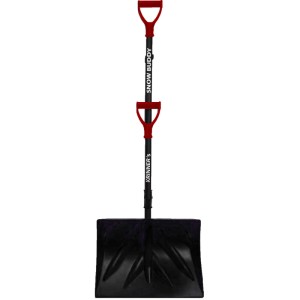 Krinner Schneeschaufel Snow Buddy, schwarz, mit rotem Doppelgriff und Eisscharre. Ergonomischer Schneeschieber.