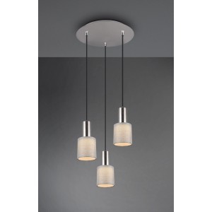 Trio Pendelleuchte Wailer, 3-flammig, Nickel matt-Grau, Stoffschirme. Moderne Hängelampe.