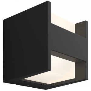 Quadratische, schwarze Philips Hue LED-Wandleuchte Fuzo für den Außenbereich.