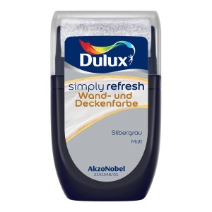 Dulux Simply Refresh Tester Silbergrau matt, Wandfarbe mit integrierter Mini-Rolle.