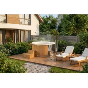 Finntherm Holz Badefass Stockholm Thermoholz, Ø 180 cm, mit VA-Ofen auf Holzterrasse.
