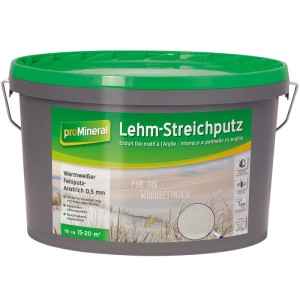 proMineral Lehm-Streichputz 7 kg, warmweiß, feinkörnig, in grauem Eimer mit grünem Deckel. Effektputz für Innenräume.