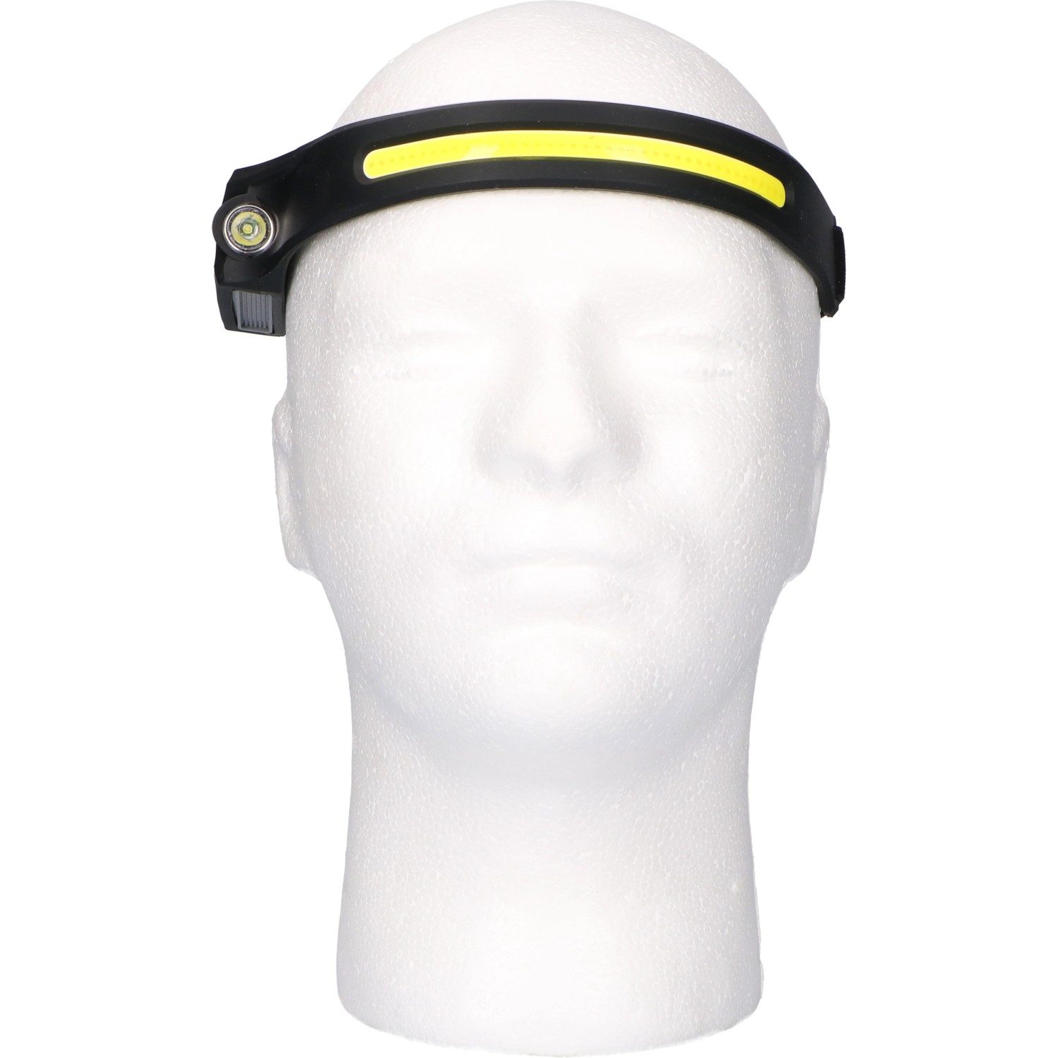 LED Akku-Stirnlampe mit Gestensteuerung, 300lm, 7000K, IPX4, dimmbar auf Styroporkopf.