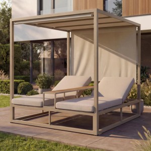Beige MCW Alu Lounge-Gartenliege P81 mit Polster und verstellbarem Dach für zwei Personen.