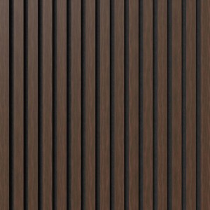 Akustikpaneel Muster Walnuss, geölt, mit schwarzem Filz. Holzpaneel für Wand- und Deckengestaltung.