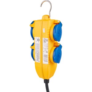 Brennenstuhl Baustellenkabel mit Powerblock, 5m, gelb/blau, mit 4 Steckdosen und Haken.