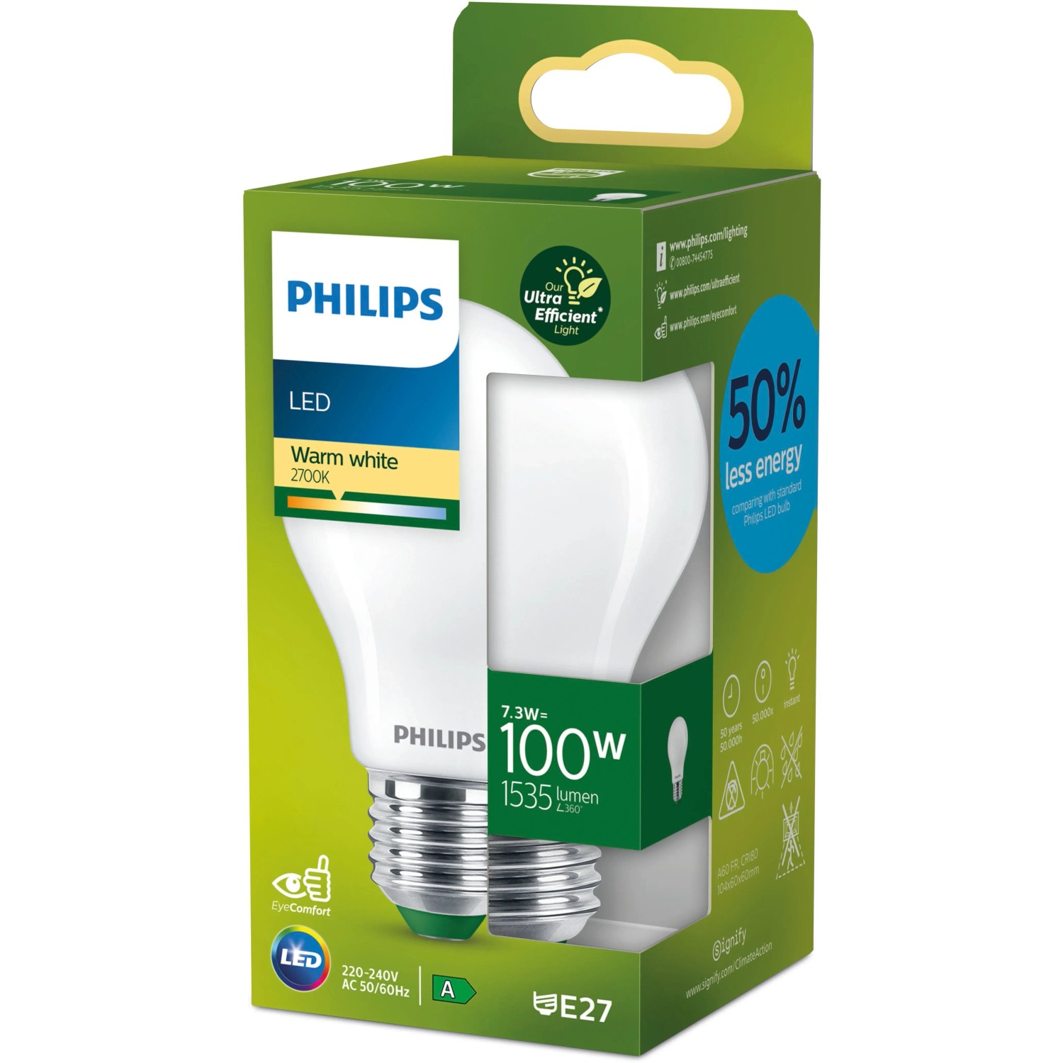Philips LED-Lampe E27, Glühlampenform, 7,3W, 1535lm, matt. Energieeffizientes Leuchtmittel.