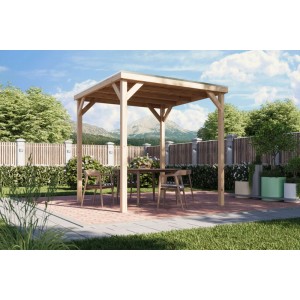 Karibu Pavillon Kvadrat aus Naturholz, 231x231x243 cm, mit Tisch und Stühlen im Garten.