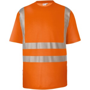 Warnorangefarbenes Kübler Workwear Warnschutz-T-Shirt Reflectiq Gr. L mit Reflexstreifen.