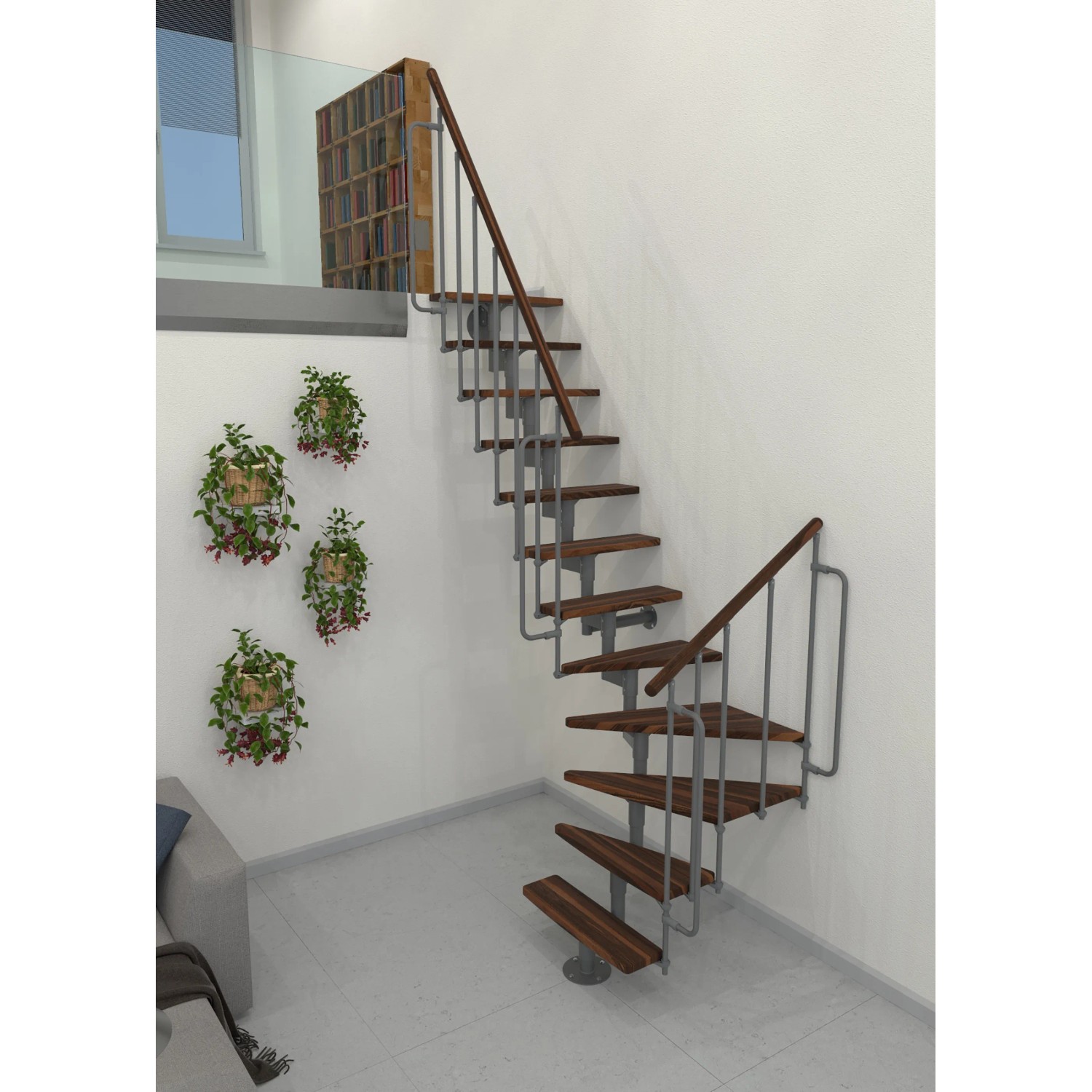 Minka Raumspartreppe Joker Turn in Walnuss-Grau, gewendelte Innentreppe mit Holzstufen und grauem Metallgeländer.