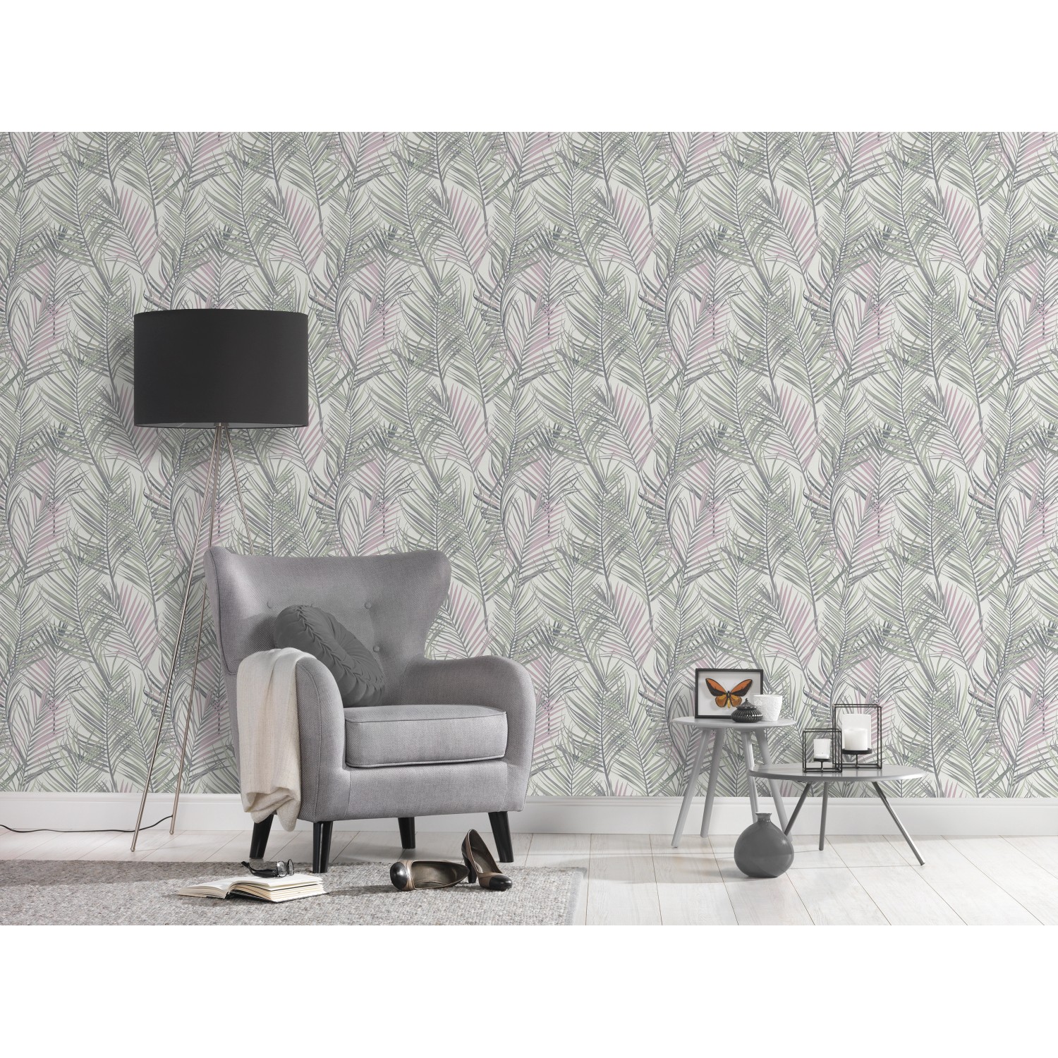 A.S. Création Vliestapete Dschungel Grau-Grün mit Blättermuster im Wohnraum.
