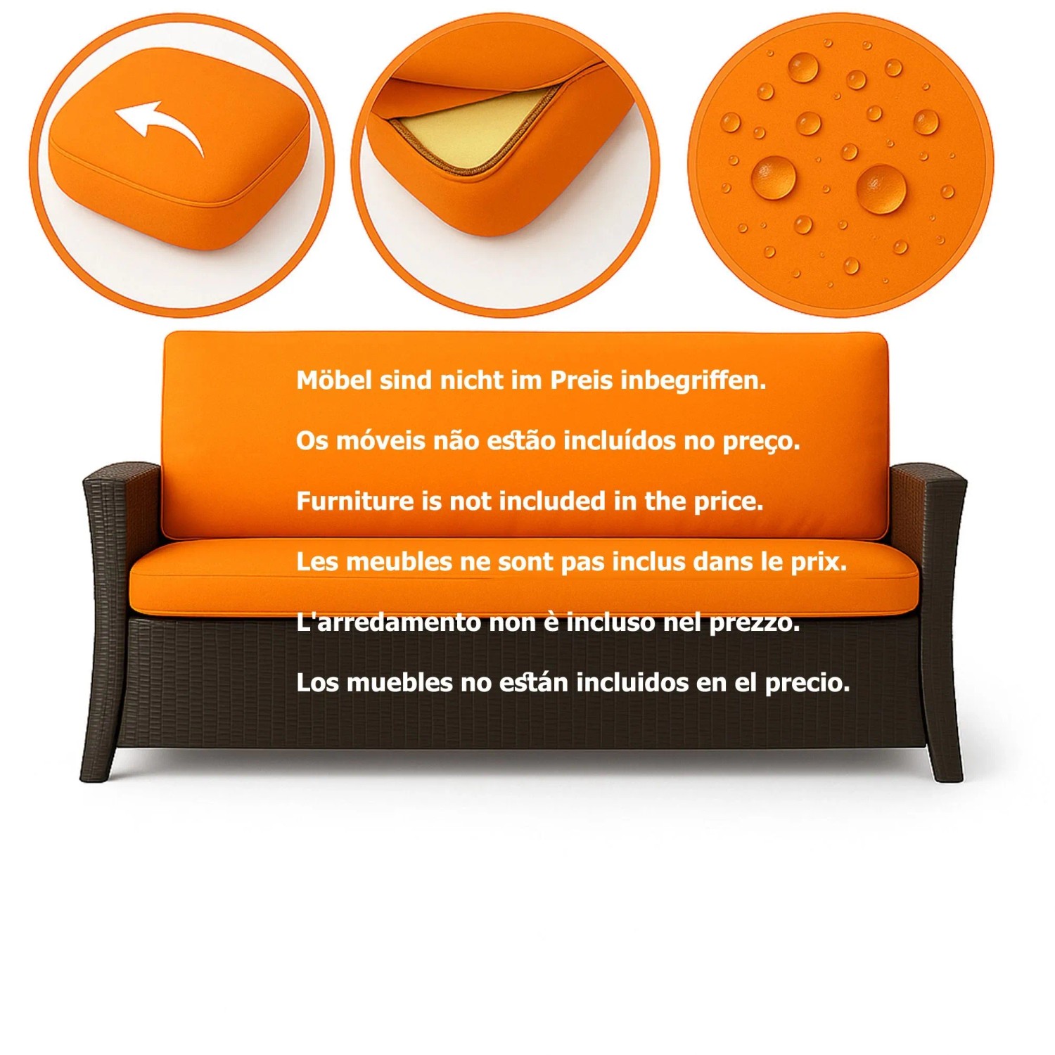 Oranges Gartenkissen-Set für 2-Sitzer Polyrattan-Sofa, Bezug abnehmbar & wasserabweisend.