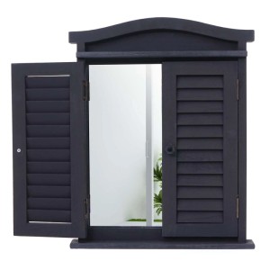 Dunkelgrauer MCW Wandspiegel im Fensterladen-Design mit geöffneten Fensterläden.