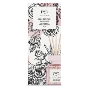 Ipuro Raumduft Light Rose, 50ml, mit Duftstäbchen in dekorativer Verpackung mit Rosen- und Zitronenmuster.