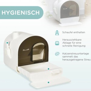 Weiße PawHut Katzentoilette mit dunkler Haube, herausziehbarem Streufach und Schaufel. Hygienisches Katzenklo aus Kunststoff.
