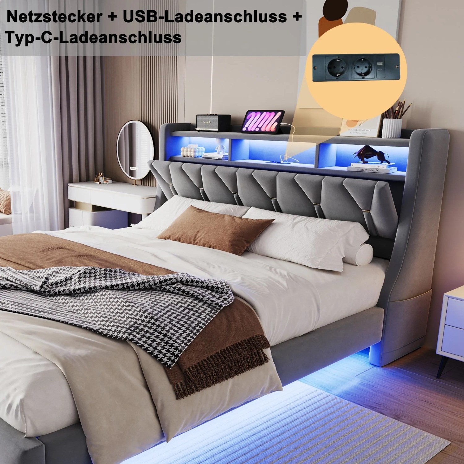 okwish Polsterbett 180x200cm mit LED Steckdose Ablage Schlafzimmer Grau ohne Matratze_6