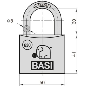 Technische Zeichnung Basi Vorhangschloss VHS 630, 50 mm, Aluminiumgehäuse mit Maßen.