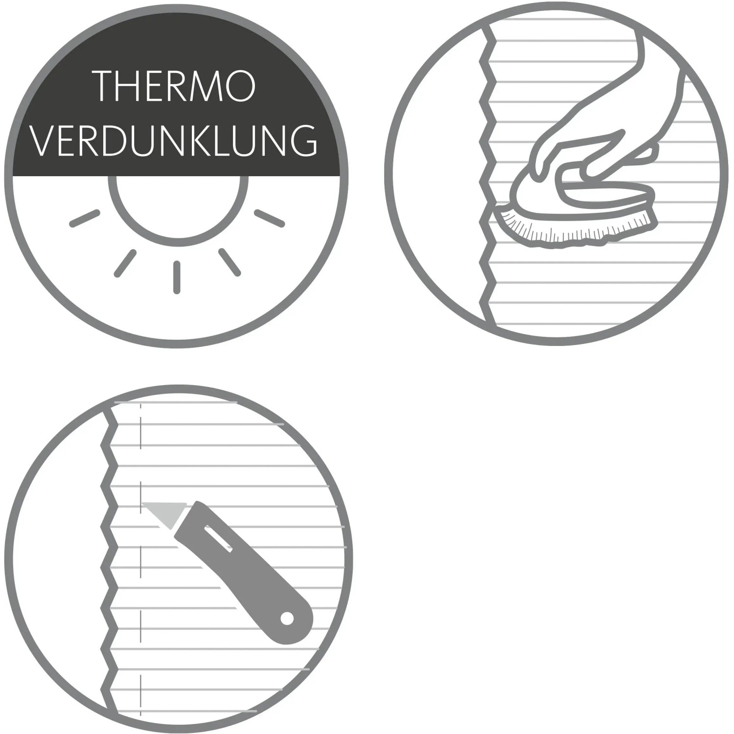 Symbole für Thermo-Plissee Ella: Verdunkelung, Reinigung und Kürzbarkeit.