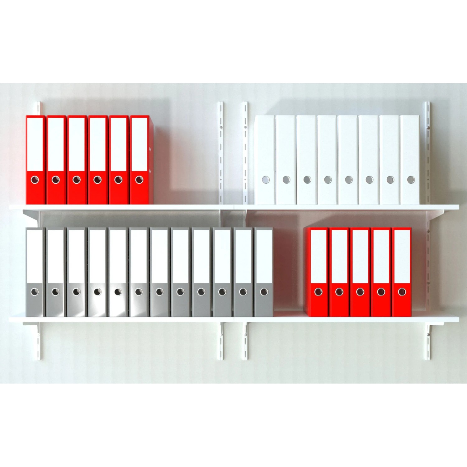Regal mit roten, grauen und weißen Ordnern. Büroorganisation.