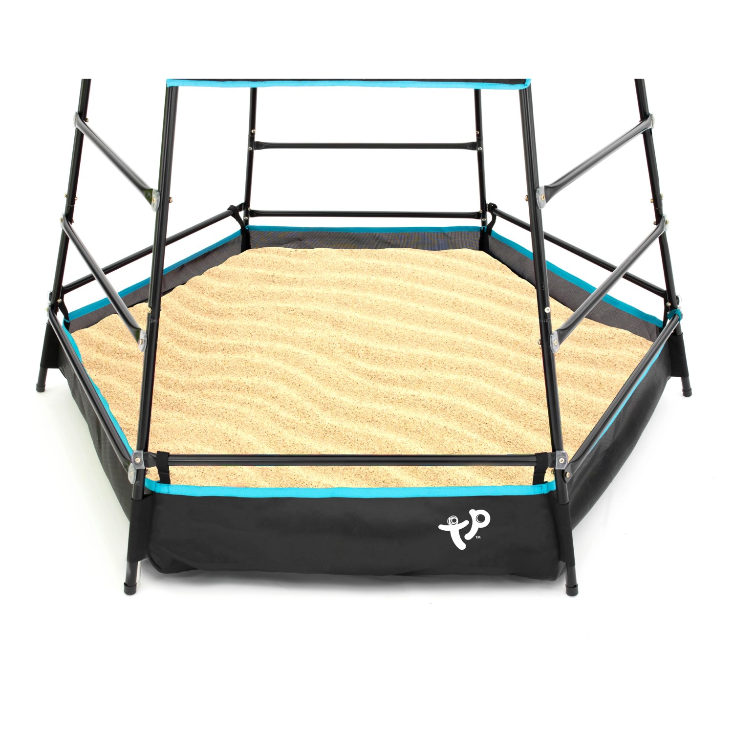 TP Toys Klettergerüst Explorer, schwarzer Spielturm mit Sandkasten und Stahlrahmen.