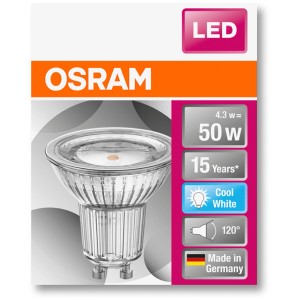 Osram GU10 LED-Lampe, 4,3W, neutralweißes Licht, 350 Lumen. Energiesparend und langlebig.