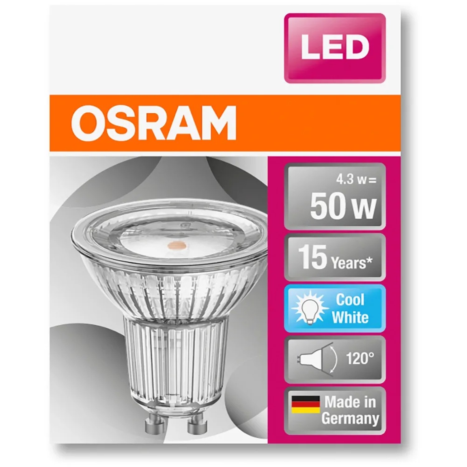 Osram GU10 LED-Lampe, 4,3W, neutralweißes Licht, 350 Lumen. Energiesparend und langlebig.