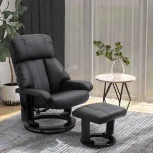 Schwarzer Massagesessel mit Liegefunktion und Hocker. Samtartiger Relaxsessel, weich gepolstert, für hohen Komfort.