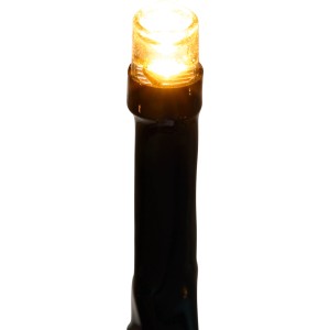 Nahaufnahme einer warmweißen LED-Lichterkette mit schwarzem Kabel. Perfekt für stimmungsvolle Außenbeleuchtung an Terrasse & Balkon.