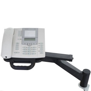 Schwarzer MCW Telefonarm T555 mit Telefon auf schwenkbarer Halterung, an Tischplatte geklemmt. Höhenverstellbar, drehbar für Büro.