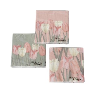 Boltze Servietten Tulipa, 3-fach sortiert, 20 Stück mit Tulpenmuster in Rosa-, Apricot- und Grüntönen.