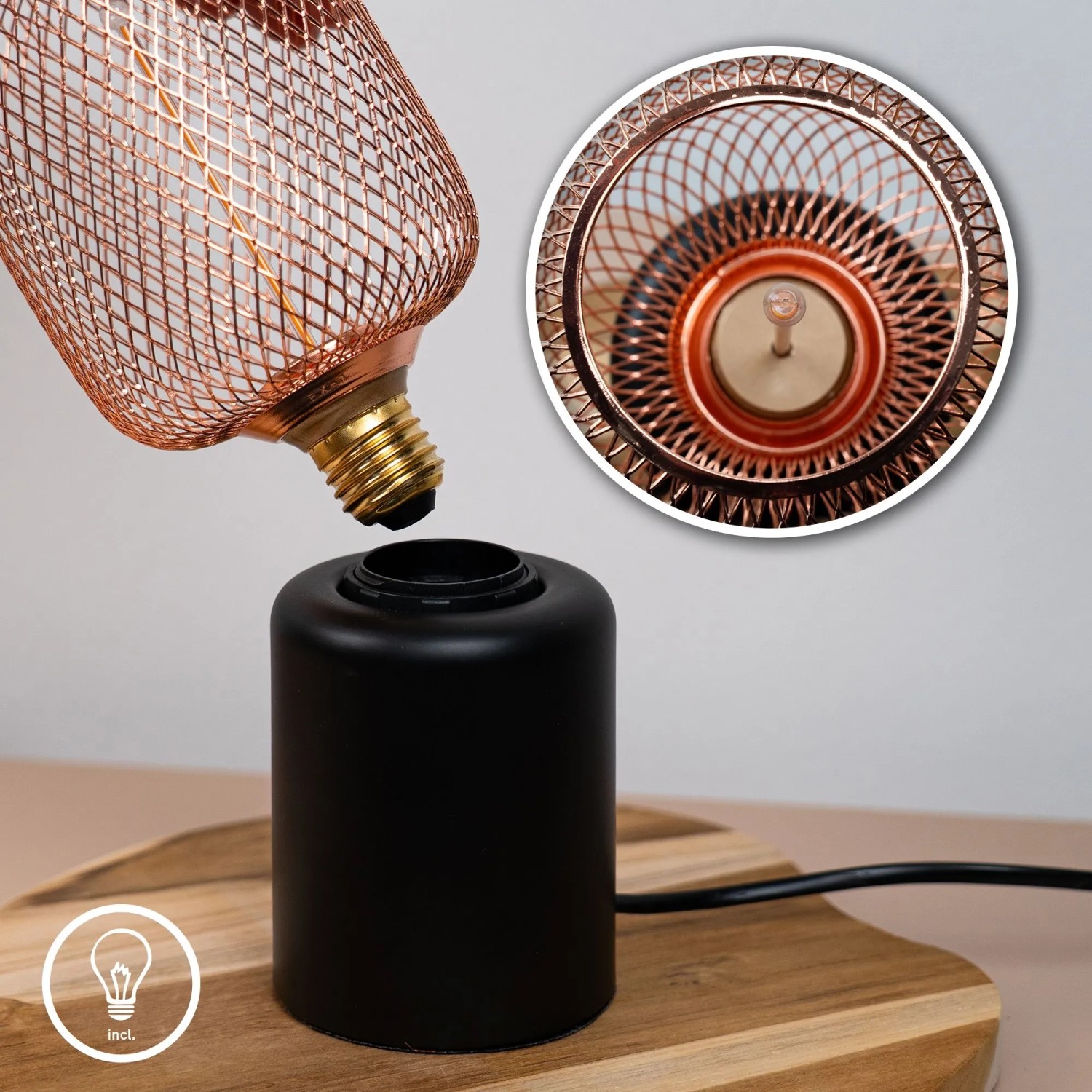 Brilo Tischleuchte Rist mit rosegoldenem Drahtkorb und schwarzem Fuß. Design-Tischlampe mit Leuchtmittel.