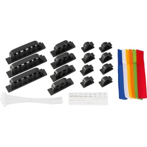 31-teiliges Kabelmanager-Set mit Kabelbindern, Klettverschlüssen und selbstklebenden Kabelhaltern.