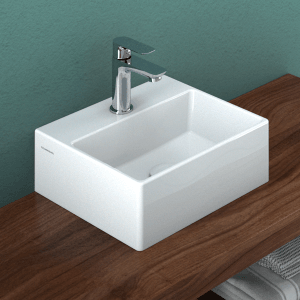 Domberg Handwaschbecken DB2004, 33,5x29,5 cm, weiß, mit Armatur auf Holzplatte.