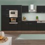 Respekta Küchenzeile 370 cm in Schwarz Seidenglanz und Eiche York Dekor, ohne Elektrogeräte.