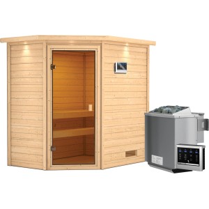 Woodfeeling Sauna Jella mit Bio-Ofen und LED-Dachkranz. Massivholzsauna mit Eckeinstieg und bronzierter Glastür.