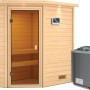 Woodfeeling Sauna Jella mit Bio-Ofen und LED-Dachkranz. Massivholzsauna mit Eckeinstieg und bronzierter Glastür.