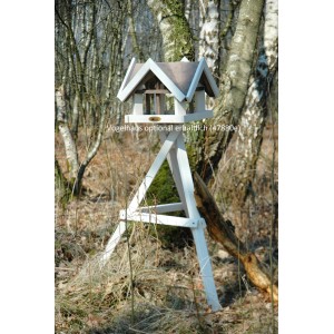Weißer, dreibeiniger Vogelhaus-Ständer aus Kiefernholz, 90cm hoch.