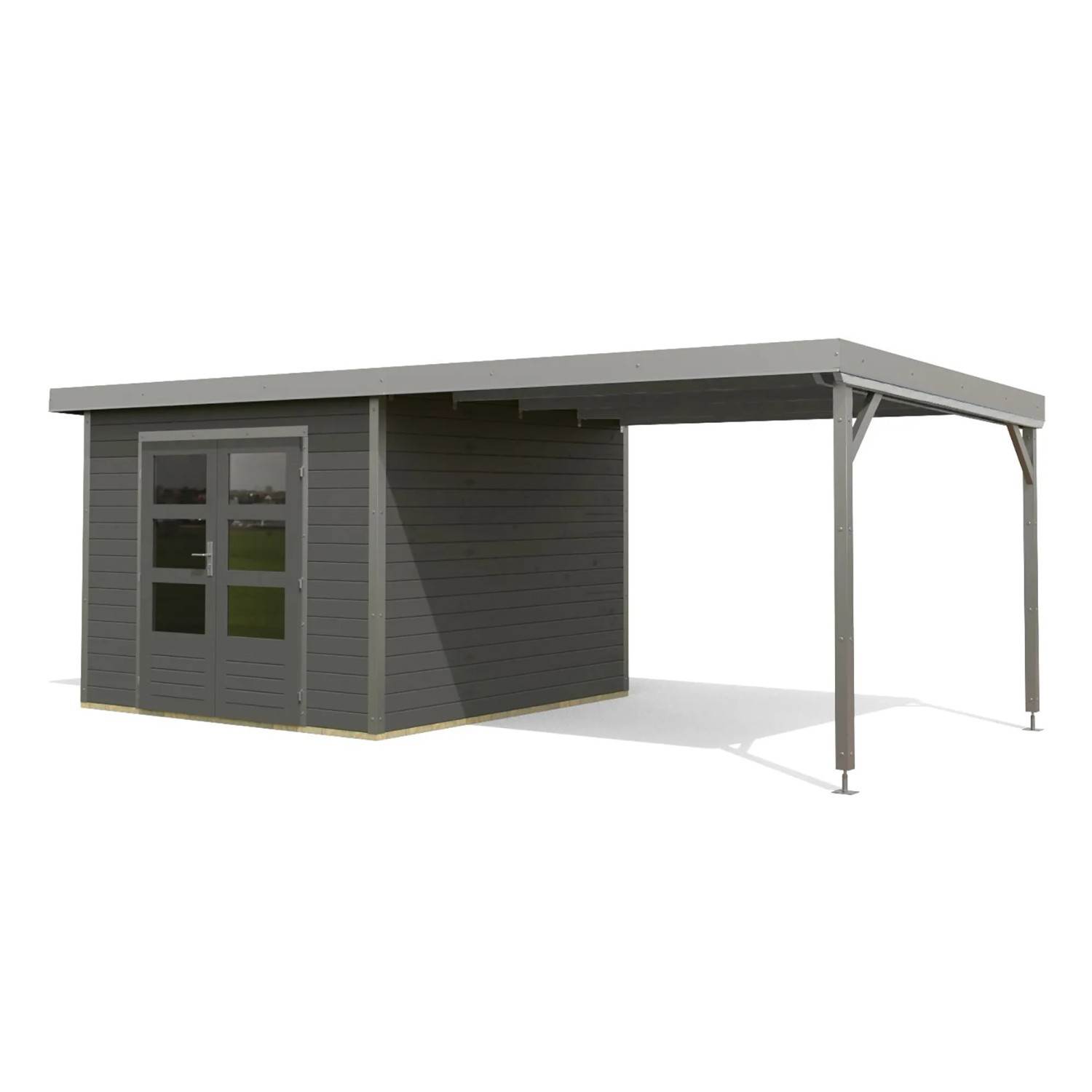 Karibu Gartenhaus Domingo B mit Anbaudach, terragrau/grau. Holz-Gartenhaus mit überdachtem Bereich.