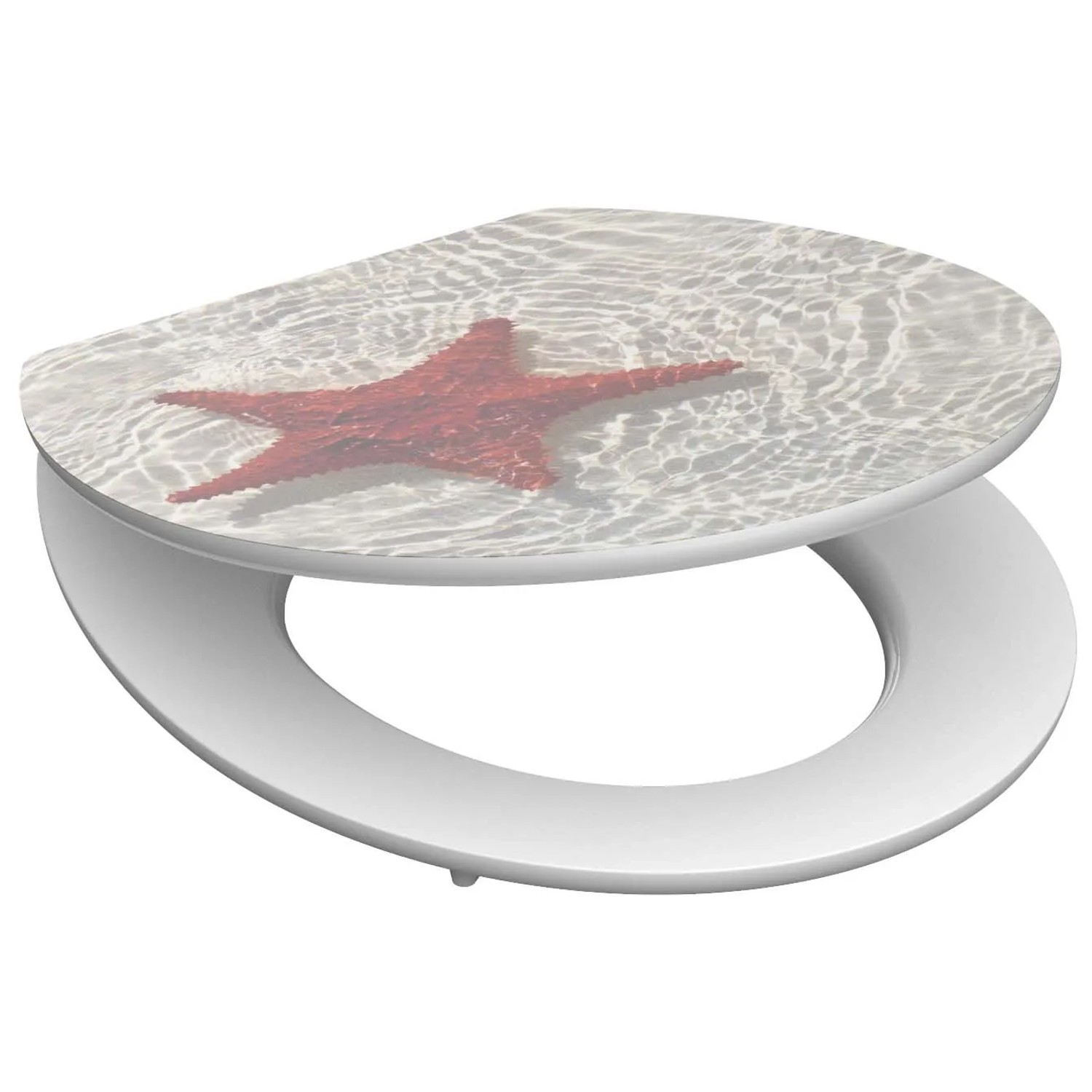 Schütte WC-Sitz Red Starfish mit Absenkautomatik, Holzkern, roter Seestern auf hellem Grund.