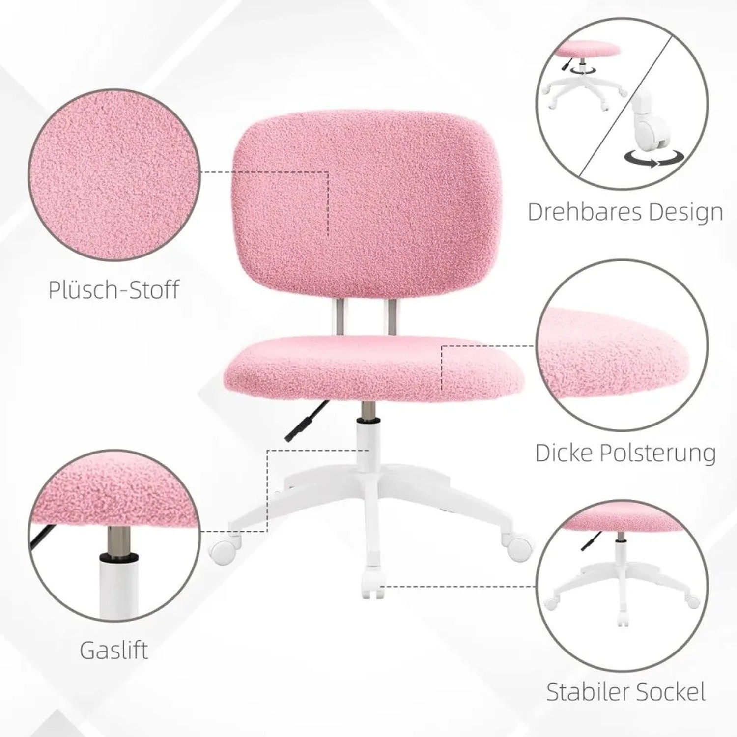 Rosa Vinsetto Bürostuhl aus Plüschstoff, höhenverstellbar, drehbar, mit dicker Polsterung und stabilem Sockel.