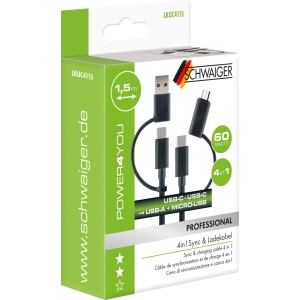 Schwaiger LKUC4115 4-in-1 Ladekabel, schwarz, 1,5m, mit USB-A, Micro-USB, USB-C Anschlüssen in Verpackung.