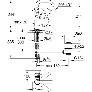 Technische Zeichnung Grohe Essence Waschtischarmatur L-Size Supersteel mit Maßen.