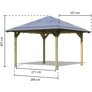 Karibu 4-Eck-Pavillon Bever 2 aus Holz, kesseldruckimprägniert, mit Maßangaben.